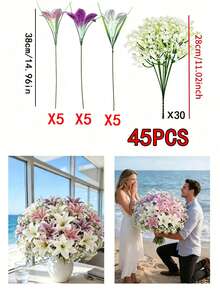 54朵人造百合花束配滿天星人造花，適用於婚禮、母親節、居家裝飾、客廳裝飾、浴室裝飾、戶外裝飾、節日桌面中心裝飾、花園裝飾、生日派對、婚禮花束、婚禮裝飾、生日派對、桌面、花園、教室裝飾、仿真花 - 彩色 - 查看 11