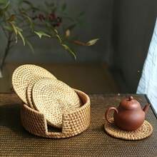 1/6pcs Handmade Rattan Coasters - Autumn Vine Pattern, Heat-Resistant Kitchen & Dining Coasters, Wooden Tea Set Storage Accessories, With 1 Woven Storage Accessory, Designed For Kung Fu Tea, Can Be Used As Heat Insulation Pads, Great Home Gift - Brown - View 3