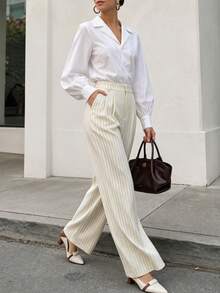 Women Fall Pinstripe Wide Leg Suit Pants High Waist Pleated Back Elastic Waistband Office Trousers With Pockets - Apricot - View 7