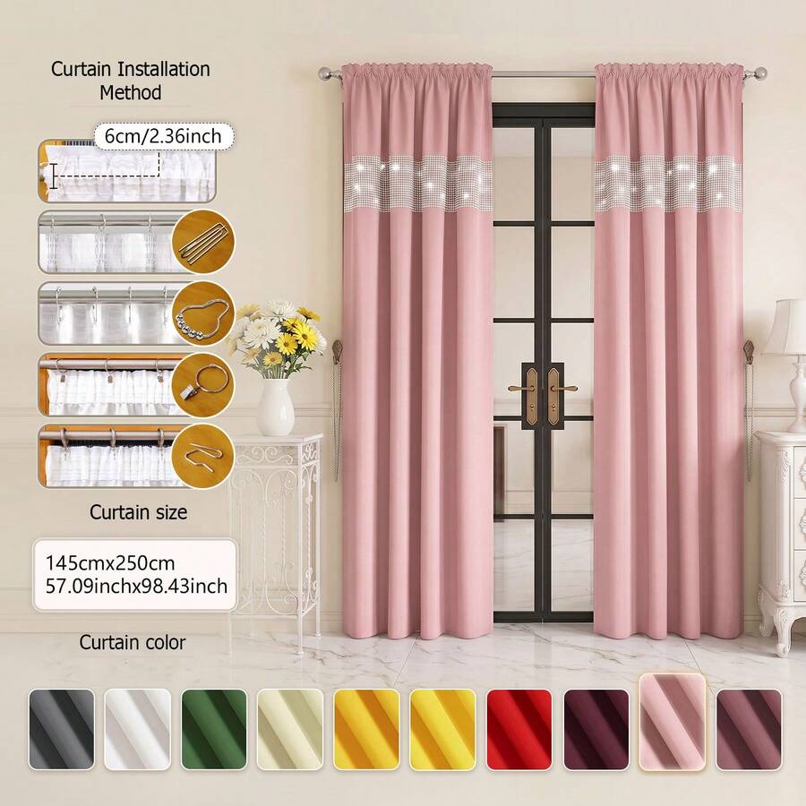 FLYINGCURTAINS Modern Plaid Patchwork Thermal Sunscreen Curtain With Window Rod Bag Style Light Translucent Privacy Window Screen, Farmhouse Style Home Decor Curtain - Dusty Pink - View 1