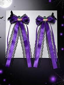 2pcs Girls Halloween Dark Lace Bow Bat Decor Ribbon Ponytail Hair Clips - Purple - View 3