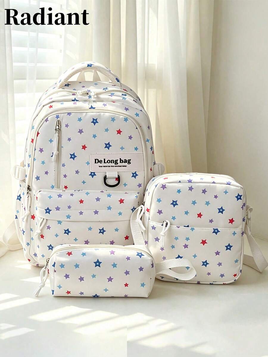 Large Capacity Student Backpack, College Campus Backpack Set, Star Print, Zipper Multi-Pocket Detachable Design (Random Small Tag) - White - View 1