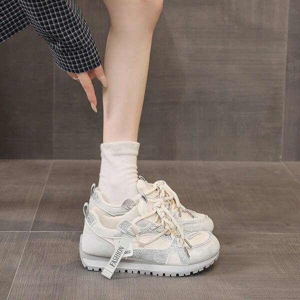 Women Fashion Lace‑Up Rhinestone Chunky Casual Sneakers For Indoor & Outdoor Daily Walking And Stylish Outfits