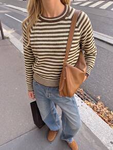 Women's Knitted Striped Long Sleeve Pullover Sweater , Vacation , Fall Winter, Office - Coffee Brown - View 5