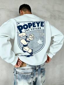 Plus Size Men's Vintage Cartoon Character Navy Style Print Long Sleeve Crew Neck Sweatshirt - Baby Blue - View 1