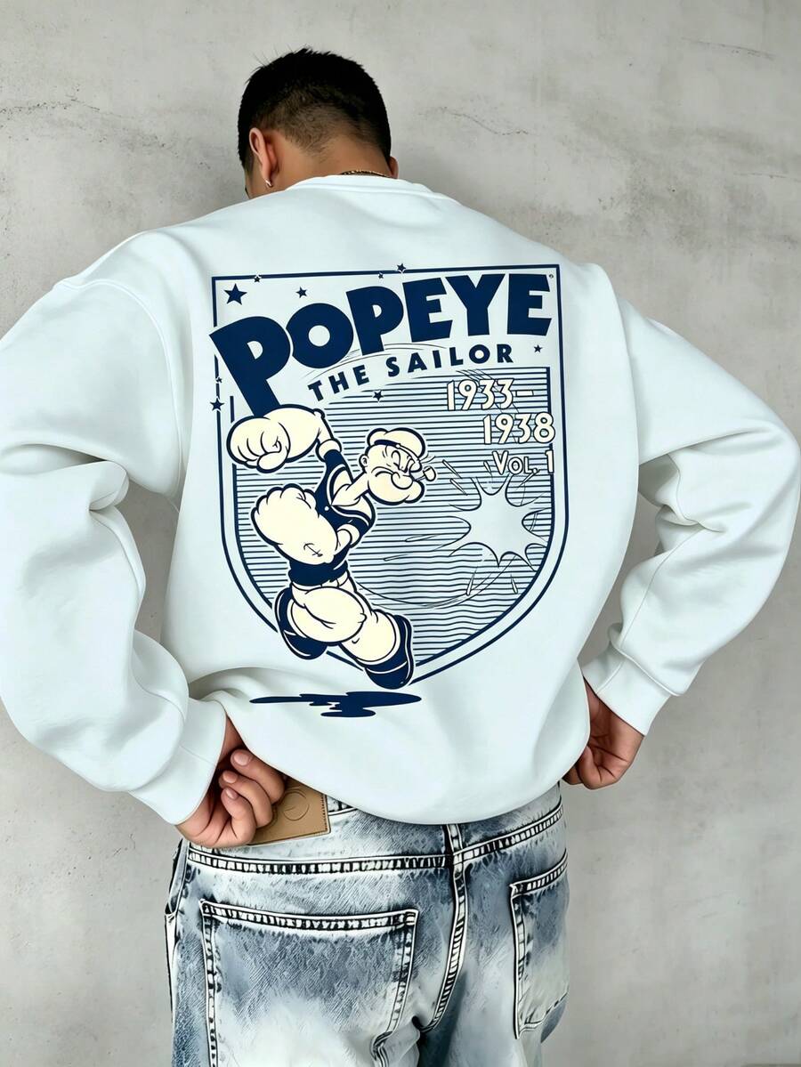 Plus Size Men's Vintage Cartoon Character Navy Style Print Long Sleeve Crew Neck Sweatshirt - Baby Blue - View 1