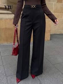 YIU Women's Black Woven Fabric Wide Leg Pants, Gold Buckle Detail, Medium Stretch Basic Long Pants - Black - View 4