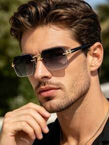 1 Pair Men's Fashion Decorative Glasses, Gold Plastic Material, Solid Color Pattern, Vintage Style, Square Rimless Glasses, Suitable For Daily Wear, Driving, Hiking, Summer Beach, Outfit Matching, Street Photography, Various Festivals, Parties And Other Occasions, Can Be Used As A Gift, Suitable For All Face Shapes, High Quality Glasses, Fashion Accessory - Multicolor - View 1