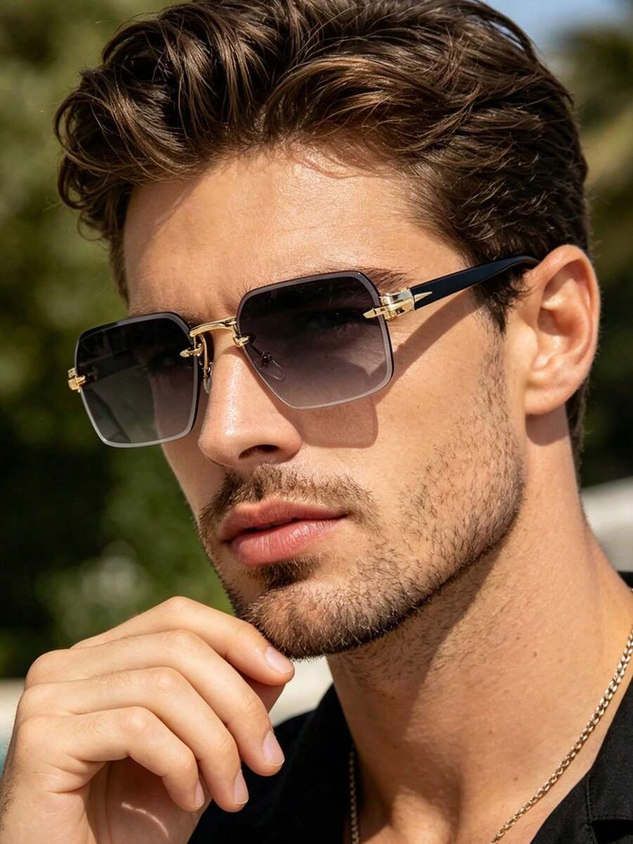 1 Pair Men's Fashion Decorative Glasses, Gold Plastic Material, Solid Color Pattern, Vintage Style, Square Rimless Glasses, Suitable For Daily Wear, Driving, Hiking, Summer Beach, Outfit Matching, Street Photography, Various Festivals, Parties And Other Occasions, Can Be Used As A Gift, Suitable For All Face Shapes, High Quality Glasses, Fashion Accessory - Multicolor - View 1