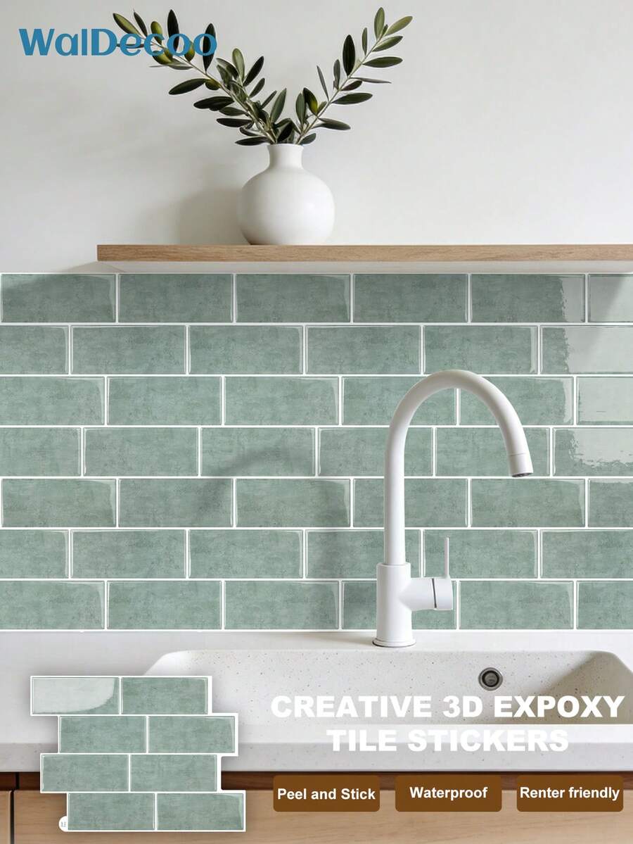 WalDecoo 1/10/20 Sheets (11.6"X9")Peel And Stick Backsplash, Sage Cement Textured Subway Tile, Glossy, Heat/Moisture Resistant, Kitchen/Bathroom, Renter Friendly - Green Stone Pattern Train - View 1