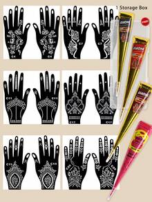 6PCS (2pcs Henna Paste + 2pcs Hand Stencils) Combo Set Henna Nail Art Tattoo Cream With Storage Box Semi-Permanent Plant-Based Tattoo Ink For Hands And Body - Multicolor - View 2