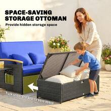 Double Garden Rattan Daybed, Wicker Sun Bed Chaise Lounger With Storage Ottoman, 4-Level Adjustable Backrest On-Site - 1 - View 8