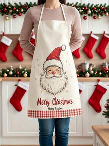 1pc Christmas Print Kitchen Apron, Santa Claus & Nutcracker Pattern Sleeveless Cooking Apron, Red Plaid Hem Waterproof Oil-Proof, Christmas Home Kitchen Decor Gift - Multicolor - View 6