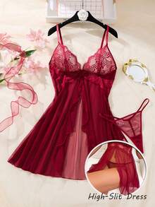 Conjunto de 2 Peças Feminino Pijama de Renda Transparente Vermelho Vinho com Alças Finas e Calcinha, Roupa de Dormir, Pijama de Halloween - Vinho - Visão 1