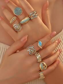1 pièce Bague ouverte réglable pour femme en cuivre plaqué élégante et à la mode, avec design géométrique d'épis de blé et fleur en turquoise bleue, convient pour le port quotidien des femmes, les vacances, les mariages, les rassemblements, les fêtes, les anniversaires, la décoration ou comme cadeau pour les amis, les meilleurs amis, cadeau de la Saint-Valentin - Bleu ciel - Voir 2