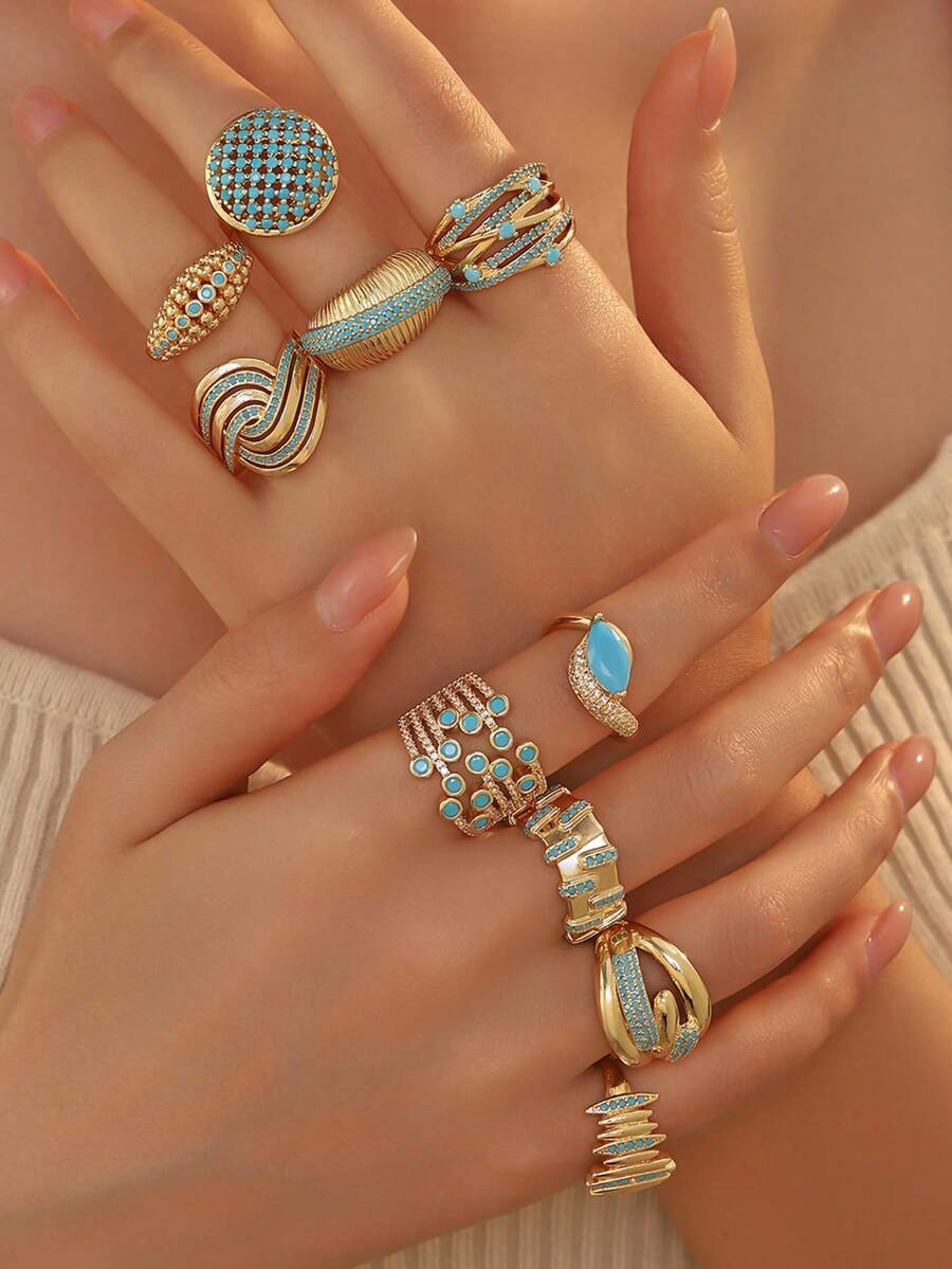 1 pièce Bague ouverte réglable pour femme en cuivre plaqué élégante et à la mode, avec design géométrique d'épis de blé et fleur en turquoise bleue, convient pour le port quotidien des femmes, les vacances, les mariages, les rassemblements, les fêtes, les anniversaires, la décoration ou comme cadeau pour les amis, les meilleurs amis, cadeau de la Saint-Valentin
