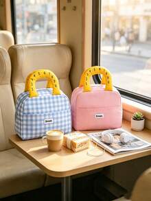 Cute Preppy Style Polyester Square Insulated Lunch Bag, Digital Number Padded Handle, Front Patch Pocket, Zipper Closure Thermal Cooler Pouch, Portable Food Storage Handbag, For Back‑To‑School Office Picnic Daily Outdoor Use - Multicolor - View 5
