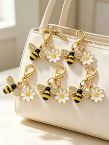 1/5/10pcs White Daisy & Rhinestone Bee Lobster Clasp Keychain Set, Sweet Sunflower Floral Pendant, Bag/Wallet/Backpack/Handbag And Car Charm, Ideal Gift For Wedding, Party, Graduation, Halloween - Multicolor - View 7