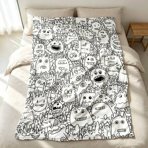 1PC Cartoon Little Monster Line Art Coloring Print Blanket Black And White Doodle Monster Pattern Throw Blanket Home Sofa Decor