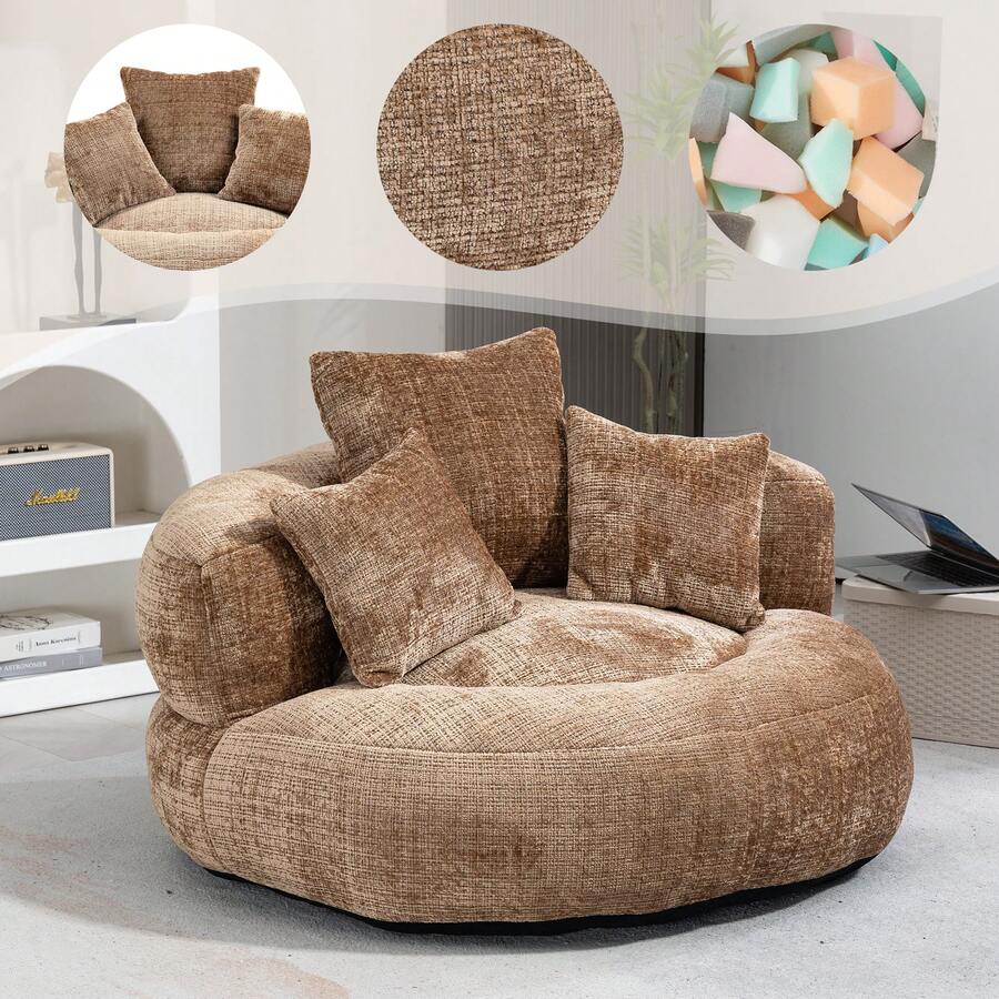 Beige Chenille Sofa - Comfortable Gaming Chair - Coffee Brown - View 1