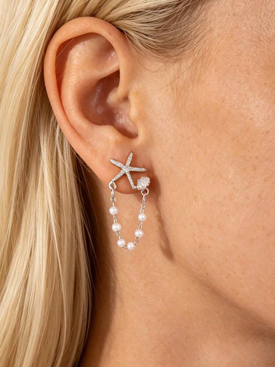 Beach Starfish Shell Earrings, Vacation Style Chain Earrings With Atmospheric Vibe - Multicolor - View 1