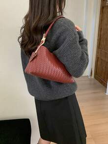 高級質感輕奢編織紋腋下包 女款新款法棍包 休閒通勤單肩手提包 - 酒紅色 - 查看 6