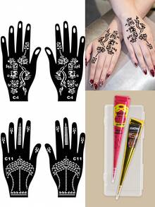 6PCS (2pcs Henna Paste + 2pcs Hand Stencils) Combo Set Henna Nail Art Tattoo Cream With Storage Box Semi-Permanent Plant-Based Tattoo Ink For Hands And Body - Multicolor - View 6