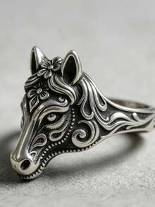 1 Pc Vintage Animal-Themed Ring, Engraved Scroll Animal Pattern, Unisex. No Box. - Antique Silver - View 6