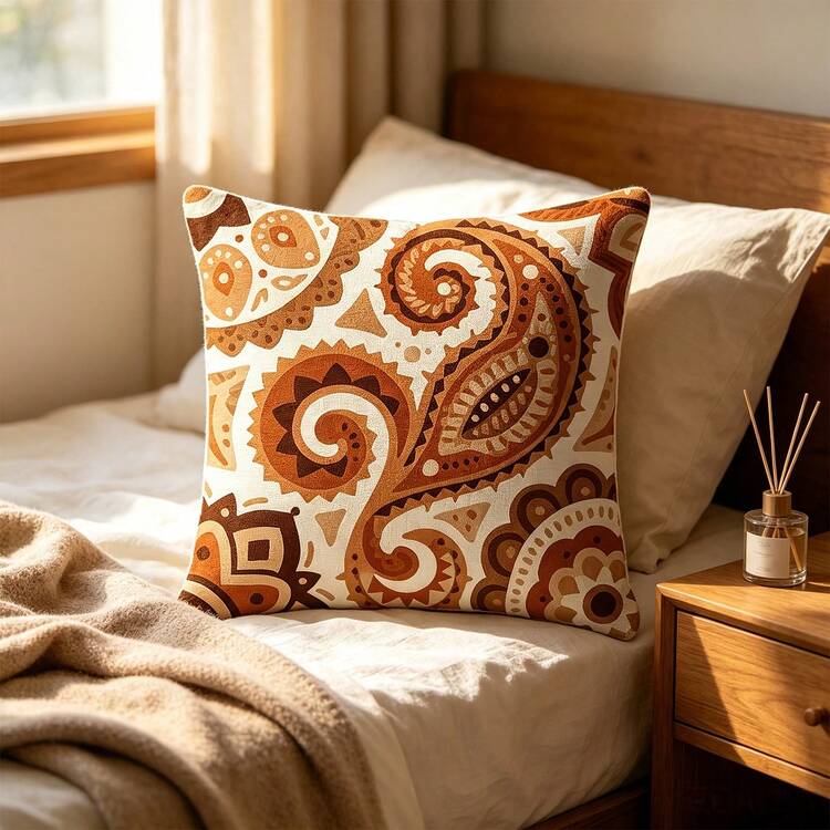 1PC Boho Paisley Geometric Print Throw Pillow Cover,Vintage Square Cushion Case,Retro Brown Beige Pattern Pillowcase For Sofa Couch Living Room Bedroom Farmhouse Home Decor,No Pillow Insert - Multicolor - View 3
