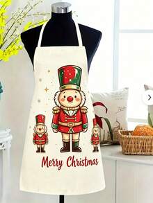 1pc Christmas Print Kitchen Apron, Santa Claus & Nutcracker Pattern Sleeveless Cooking Apron, Red Plaid Hem Waterproof Oil-Proof, Christmas Home Kitchen Decor Gift - Multicolor - View 10