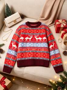 HOMEYEE Vintage Horizontal Stripe Christmas Reindeer Knit Sweater, Multicolor Snowflake Jacquard, Round Neck, Loose Fit, Slimming, Warm Pullover For Autumn/Winter Parties - Red - View 2