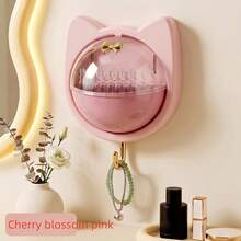 1pc Cat Ear Wall-Mounted Storage Box With Flip Lid And Hook, No-Drill Waterproof Plastic Organizer Shelf For Bathroom, Bedroom, Kitchen, Multi-Function Cosmetic, Jewelry, Cotton Swab Storage, Dust-Proof Space-Saving Organizer - Multicolor - View 9