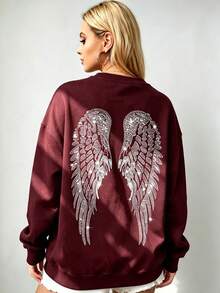 Women's Oversized Angel Wings Print Hoodie - Black Y2K Back Graphic Pullover,  Fall Winter  Streetwear , Comfy Oversized Silhouette2026 - 酒紅色 2 - 查看 2