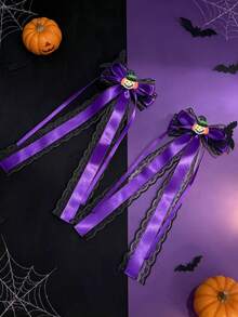 2pcs Girls Halloween Dark Lace Bow Bat Decor Ribbon Ponytail Hair Clips - Purple - View 6