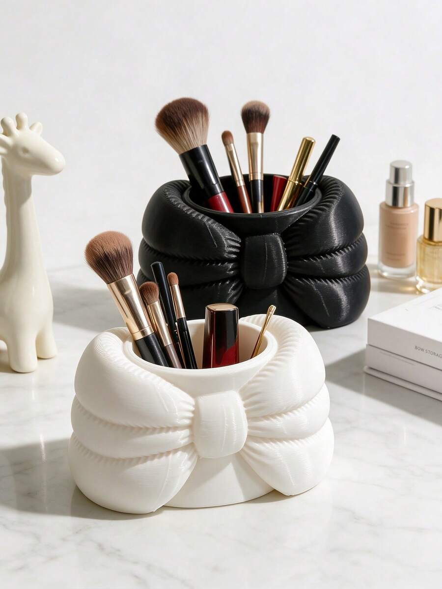 1pc Cute 3D Bow Makeup Brush Holder, Elegant Vanity Cosmetic Storage Box, Desktop Lipstick Holder, Suitable For Dormitory And Bedroom Decor