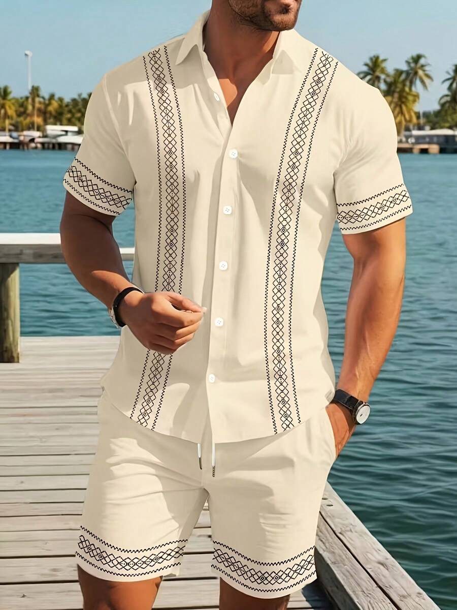 Men's Casual Diamond Geometric Pattern Short-Sleeve Shirt + Drawstring Sport Pocket Shorts Set, Suitable For Hawaiian Vacation Beach Style