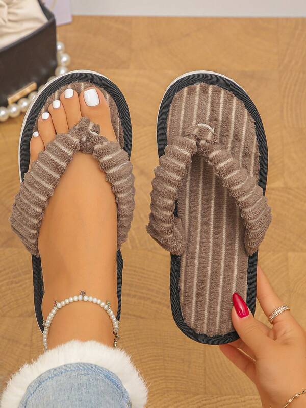 Women's Comfortable Soft Plush Flip Flop Slippers, Fashionable Cute Winter Dark Brown Striped Indoor Bedroom Slippers