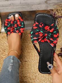 Fashion Cherry Pattern Bowknot Decor Square Toe Flip Flops, Women's Summer Outdoor Soft Sole Flat Thong Sandals - Black and Red - View 1