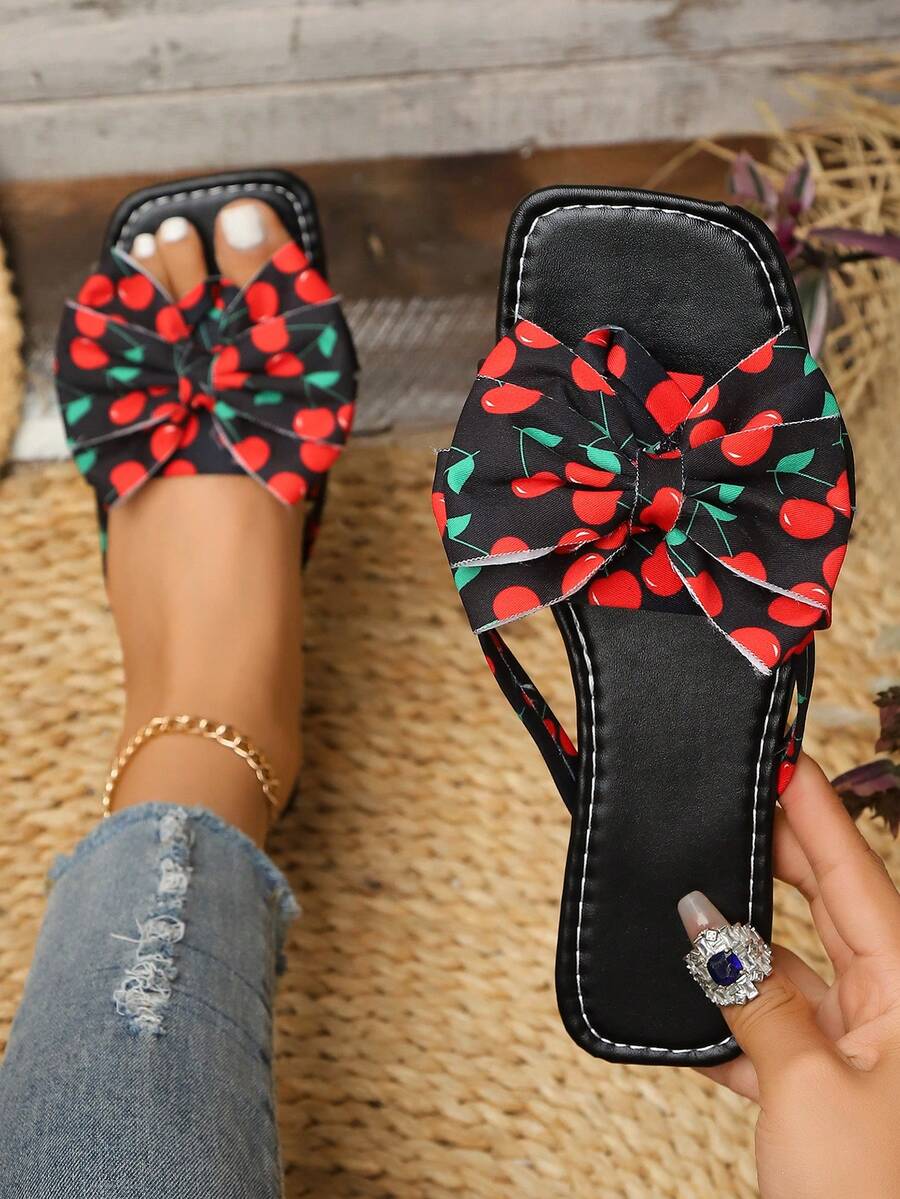 Fashion Cherry Pattern Bowknot Decor Square Toe Flip Flops, Women's Summer Outdoor Soft Sole Flat Thong Sandals - Black and Red - View 1