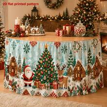 1pc Polyester Printed Tablecloth Table Skirt With Santa Claus, Reindeer, Snow House, Christmas Tree, Gift Box, Candle, Pine Cone, Snowflake Pattern, Suitable For Holiday Dinner, Farmhouse Banquet, Cafe, Home Dining, Christmas Winter Party Decoration - A - View 3
