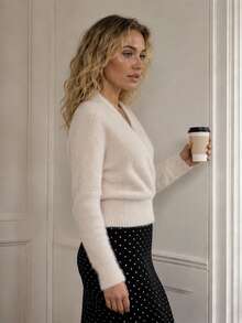 Wrap Cross V Neck Fuzzy Ribbed Waist Cropped Knit Sweater - Apricot - View 4