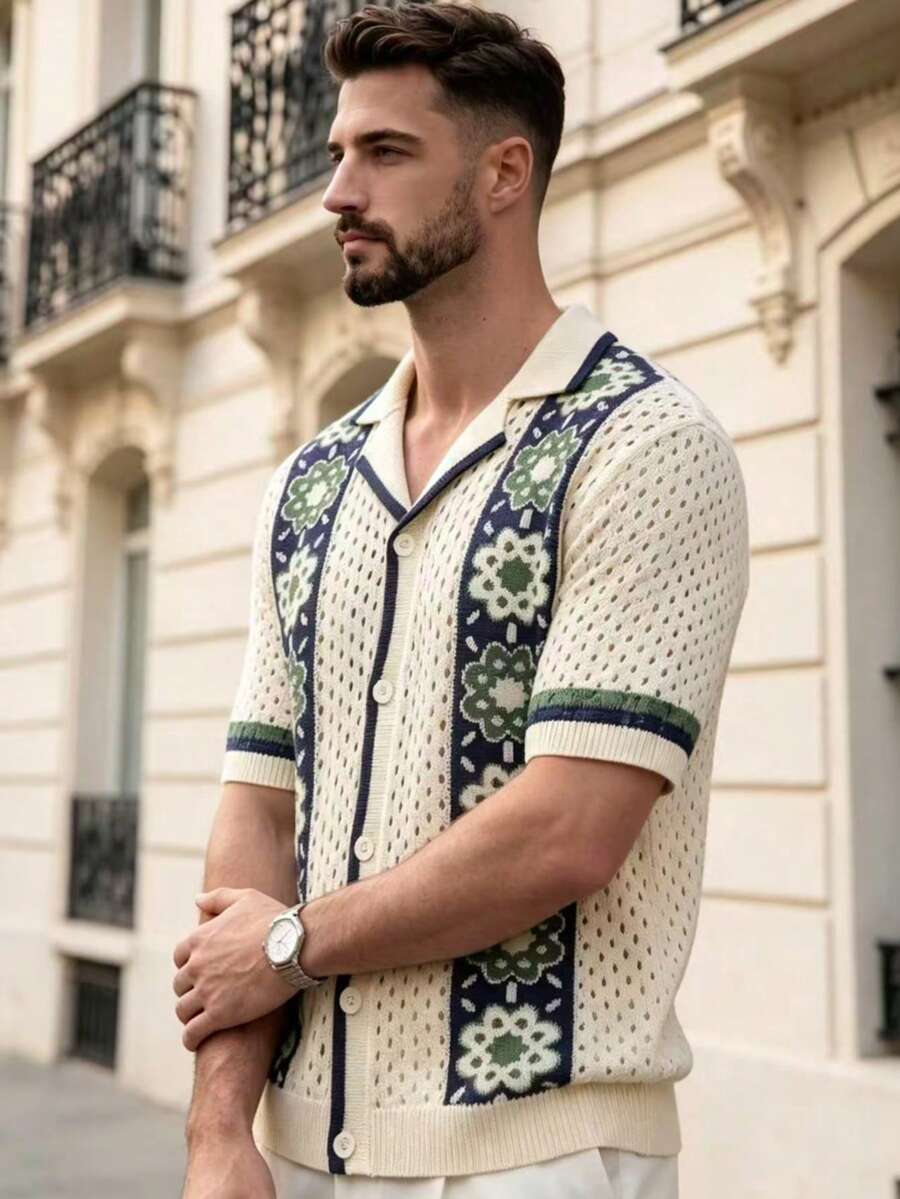 Spring/Summer Men's Neutral Polo Collar Knit Hollow-Out Short Sleeve Cardigan T-Shirt, Casual Vacation Wear - Apricot - View 1