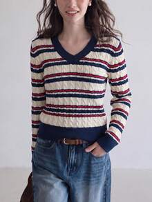 Sweater Pullover Leher V Bergaris Gaya Preppy Musim Gugur/Dingin untuk Wanita - Navy Blue - View 4