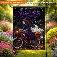 1pc 2D Flat Garden Flag, Halloween Theme Witch Riding Bicycle Polyester Garden Flag, Single-Sided Print, Suitable For Home And Garden, Holiday Decoration, Porch Decor, Flag Pole Not Included - A - View 7