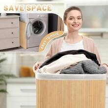 Bamboo Laundry Basket, Large Capacity, Foldable, Movable, With Handle, With Lid, Universal Wheels, Rectangular/Round, Space-Saving Storage For Bedroom, Bathroom, Laundry Room, Home Use - Bamboo Original Color - View 2