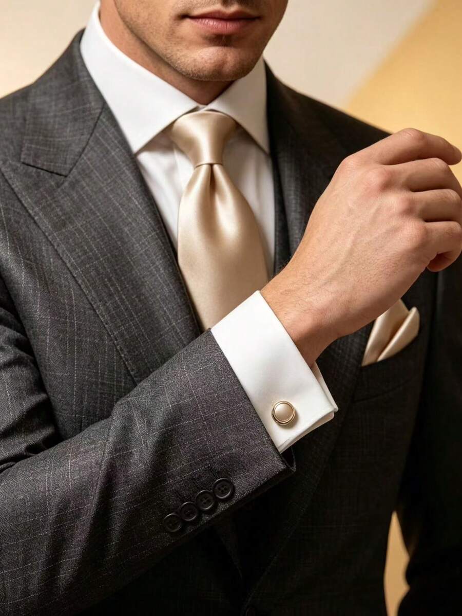 1 Set Silk Solid Color Tie, Pocket Square, Cufflinks 3 Pieces Set Suitable For Business Casual, Wedding, Banquet - Champagne - View 1