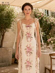 Cream Floral Print |   Women's Elegant Cream Floral Print Sequin Mesh Ruffle Trim Bodycon Maxi Dress - 奶油花卉 - 查看 6