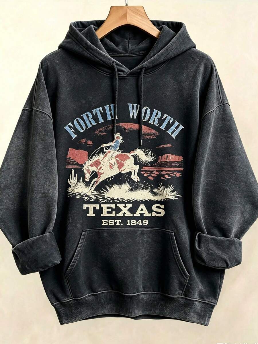Women's Western Style Fort WorthTexasEST1849CowboyPatternHoodieSoftCrewNeckPulloverWith Cactus And Longhorn DesignComfortableCasualLongSleeve Sweater - 黑色4 - 查看 1