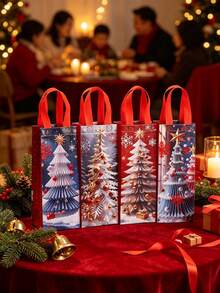 4pcs Red-Themed Christmas Gift Bag Featuring Snowflake And Christmas Tree Patterns; Suitable For Christmas Party Gift Wrapping, Holiday Wine Or Beverage Packaging, Christmas Dinner Party Favors, And More. - One Size Fits All - View 7