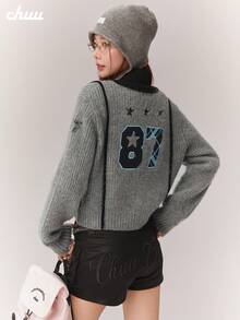 CHUU Loose V-Neck Knit Sweater Women Autumn/Winter Chic Youthful Collegiate Style Letter Print Versatile Sweet Cool Crop Top - Light Grey - View 4